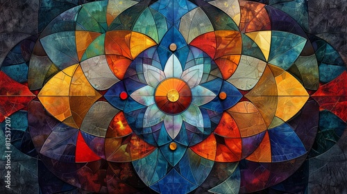 A colorful abstract painting of a flower with a red center and blue petals