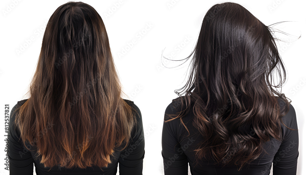 Woman before and after hair treatment on white, back view. Collage with damaged and healthy hair Woman before and after hair treatment on white, back view. Collage with damaged and healthy hair