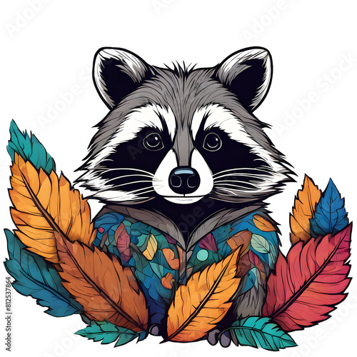 Watercolor cute raccoon cartoon with colorful leaves branch illustration photo