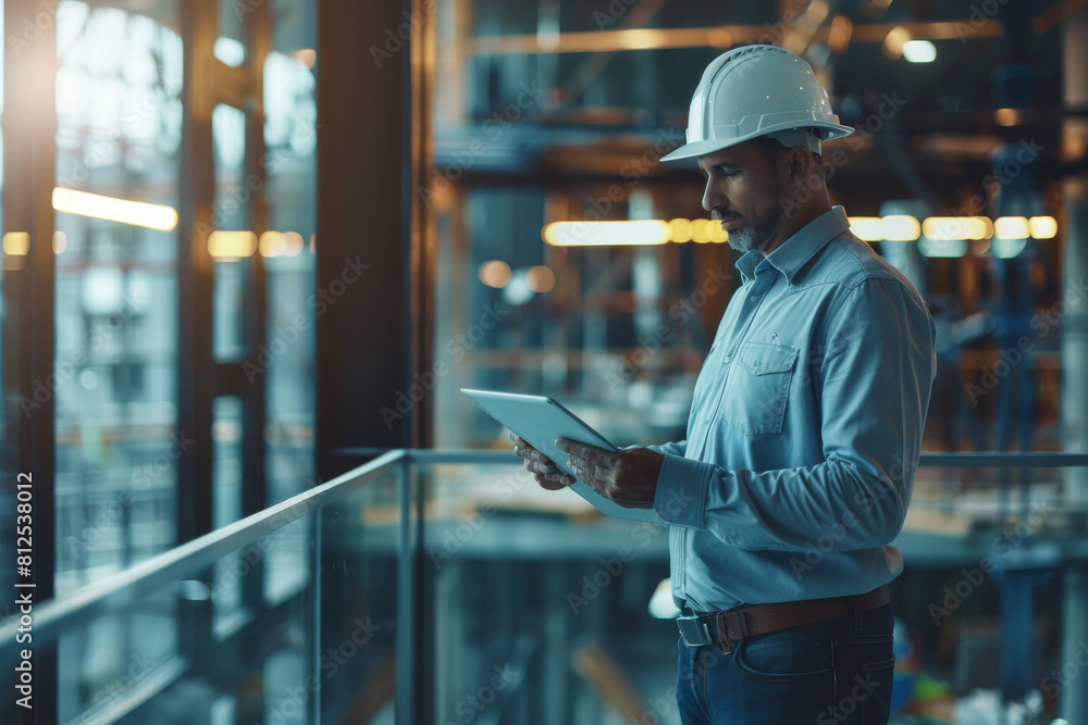 Man in Hard Hat Looking at Tablet. Generative AI Man in Hard Hat Looking at Tablet. Generative AI