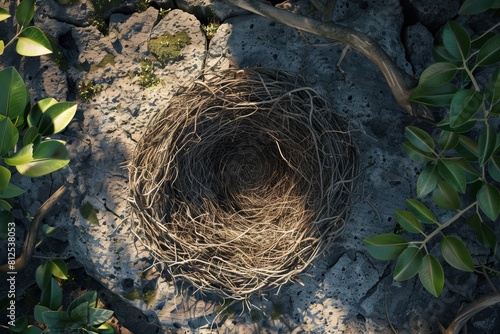 A nest is surrounded by leaves and branches, creating a natural