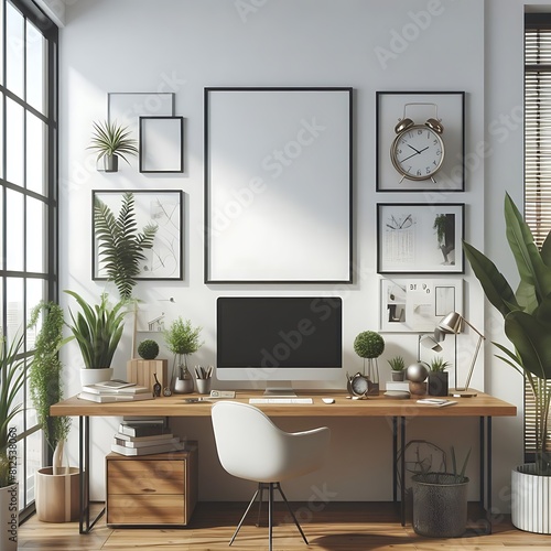 A computer on a desk office work room with plants and a picture frame on the wall image realistic attractive has illustrative meaning.