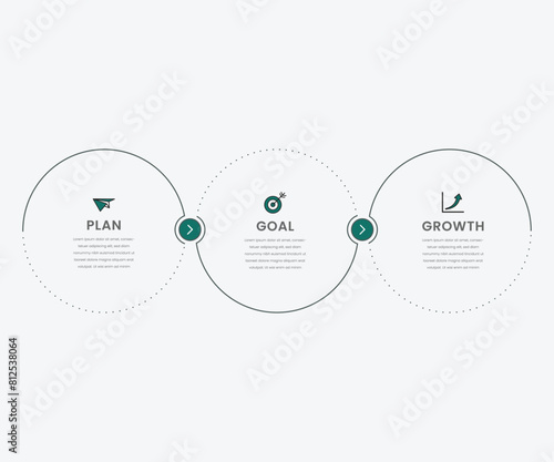 simple infographic vector design 3 steps or parts, circles with thin and thick lines, icons, text, numbers, for flow diagrams, presentations and your business