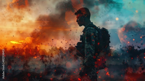 Soldier walking on the battlefield. Destruction, war scene. Fire and a lot of smoke.
