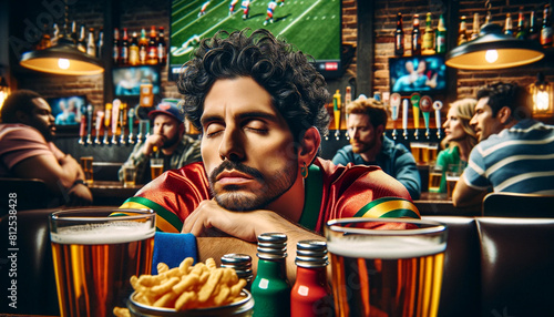 A man in a football jersey is sitting at a bar with a beer in his hand. He is looking at the television, which is showing a football game. The man is tired and is leaning back in his chair