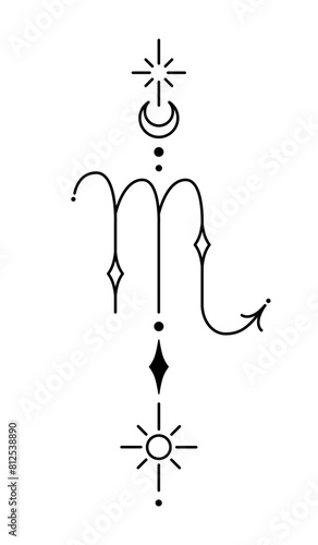 Scorpio zodiac sign and symbol blackwork tattoo. Sacred geometry horoscope tattoo design, mystic symbol of constellation. New school dotwork, line art minimalist style tattoo. Boho design.