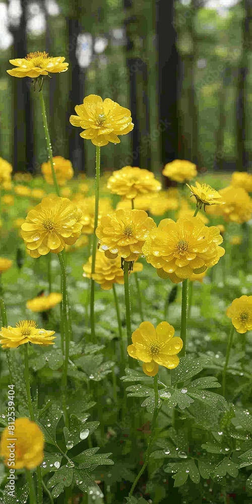 Obraz premium Yellow flowers in meadow with raindrops, vibrant petals