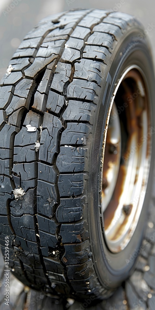 Detailed closeup of a tire puncture on an automotive wheel