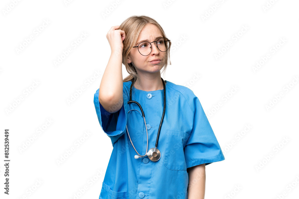 Young nurse English woman over isolated background having doubts and with confuse face expression Young nurse English woman over isolated background having doubts and with confuse face expression