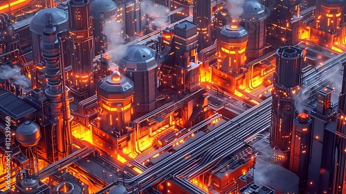 Create an isometric axonometric projection of a sprawling industrial complex with pipes, catwalks, and large vats photo