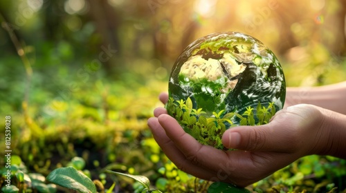 Green earth concept with hands holding a globe covered in green vegetation photo