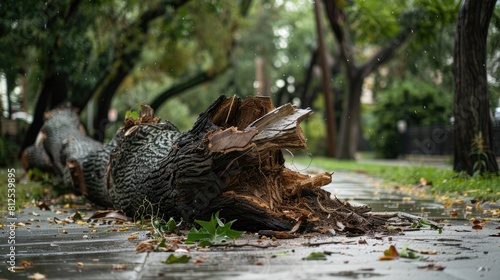 A significant damaged tree in the park post hurricane Aftermath of the storm Incident Environmental emergency Up close view photo