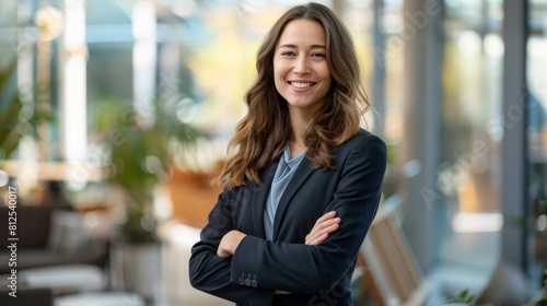 A woman in a business suit is smiling and posing for a photo