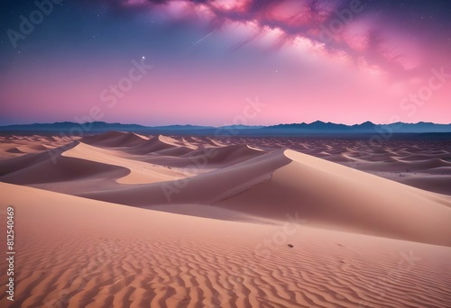 An otherworldly desert landscape with towering sand dunes under a vast starry sky.