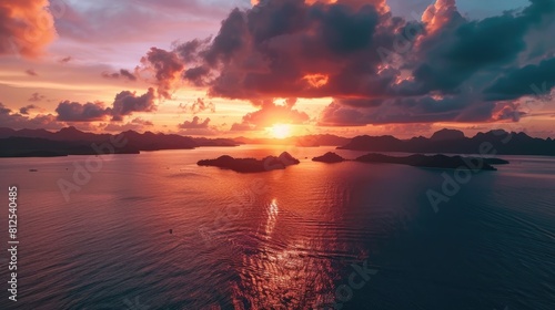 Aerial View of Palawan Islands at sunset with a stunning drone shot