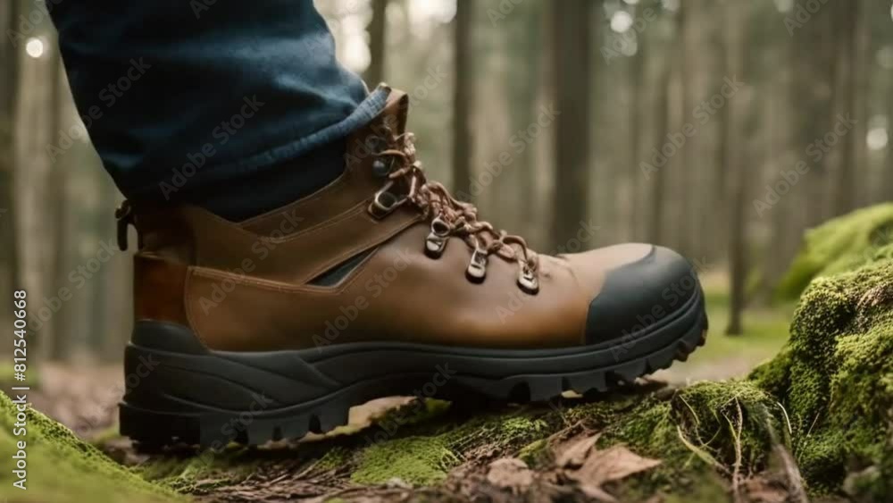 Hiker's boots on a mossy log in a misty forest exuding a sense of adventure Hiker's boots on a mossy log in a misty forest exuding a sense of adventure