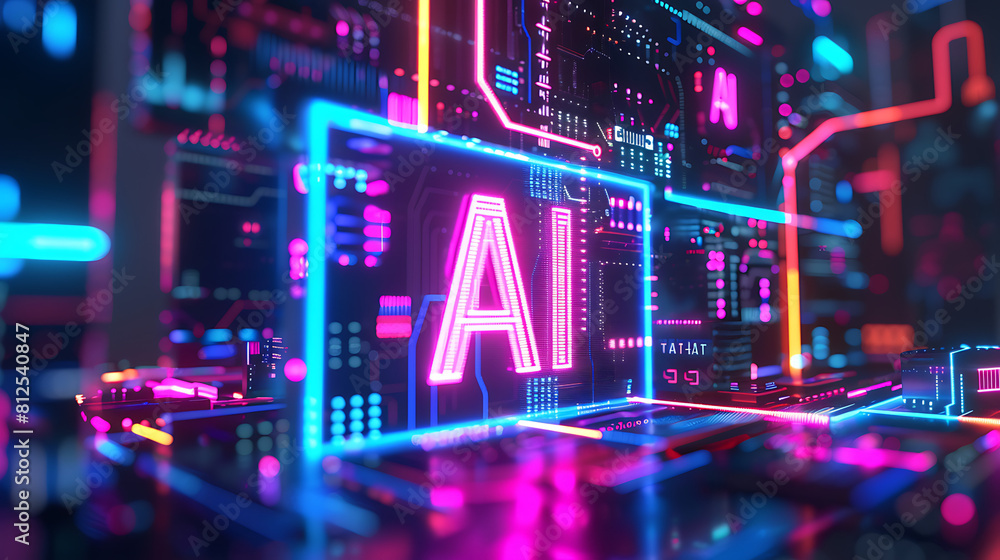 Naklejka premium Neon Rainbow Wireframe Hologram: Illuminating the Essence of 'AI' and Artificial Intelligence in a Stunning Digital Artwork