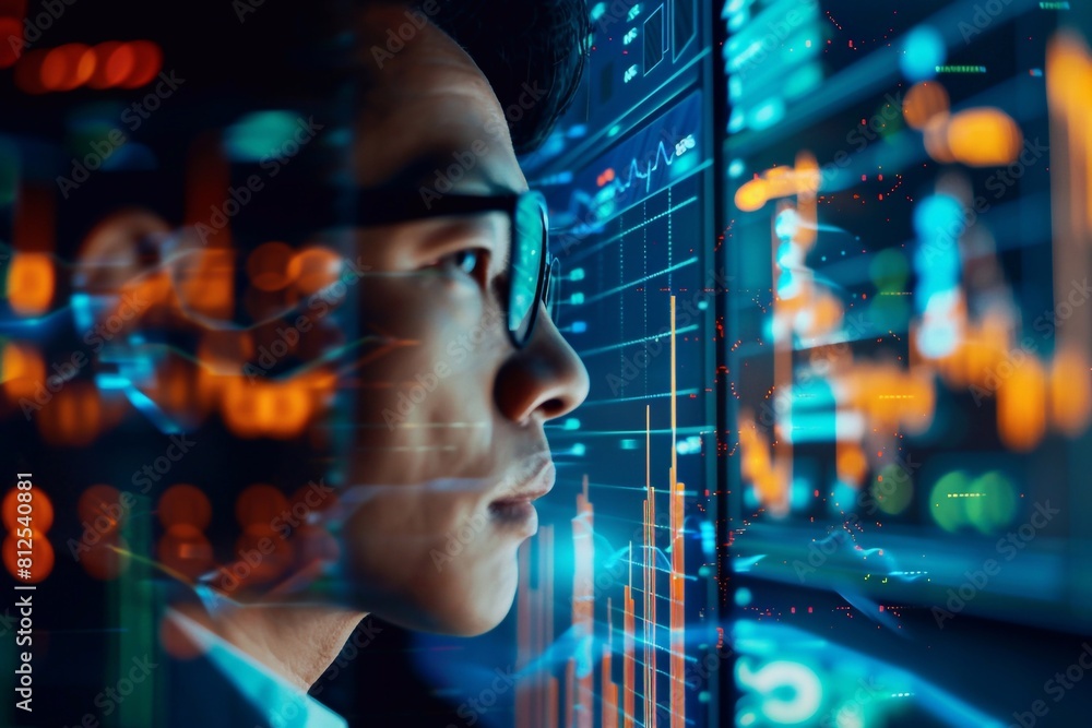 A financial trading manager analyzes stock market performance to select the best investment strategy using financial data and charts that are presented in digital format. This process includes researc A financial trading manager analyzes stock market performance to select the best investment strategy using financial data and charts that are presented in digital format. This process includes researc