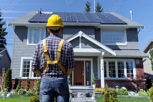 A construction worker in a yellow hard hat stands confidently in front of a house with solar panels, showing professionalism and confidence in his actions. This scene demonstrates the importance of bu © Ирина Курмаева