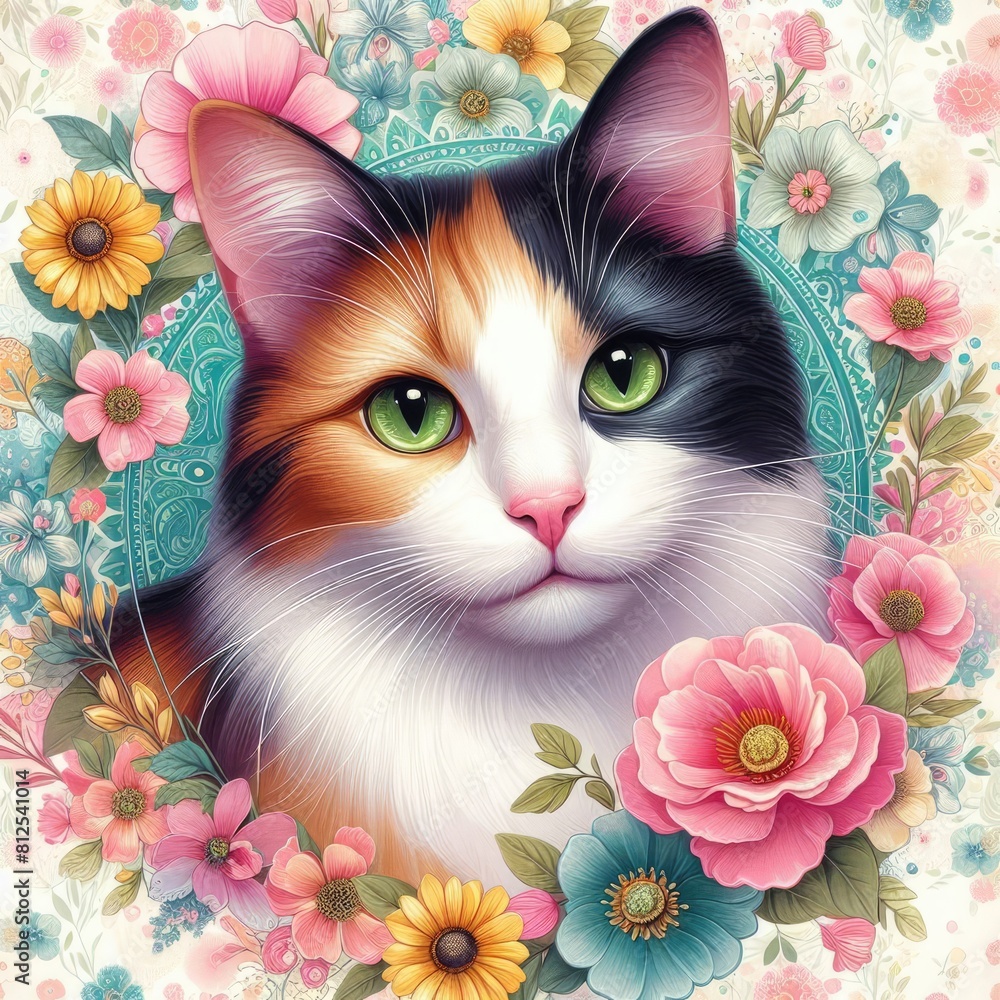 Fototapeta A cat surrounded by flowers image photo harmony used for printing illustrator.