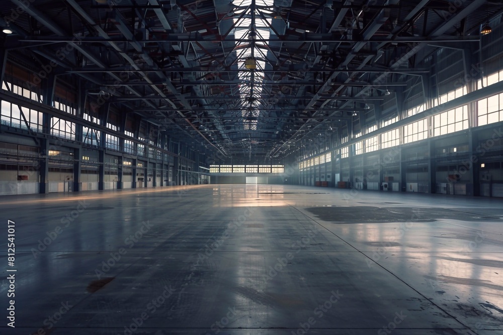 Expansive industrial warehouse with vast open floor space, a prime example of contemporary factory architecture. Expansive industrial warehouse with vast open floor space, a prime example of contemporary factory architecture.
