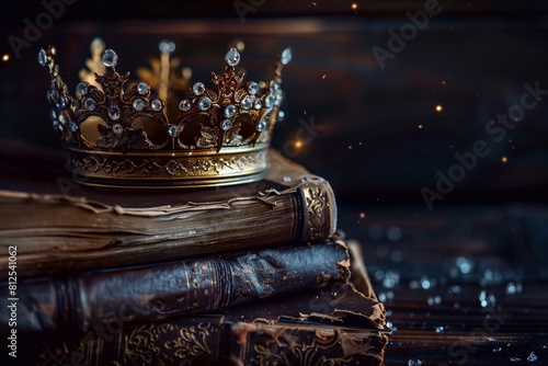 Mystical image of queen/king crown on old books: fantasy medieval period. Selective focus creates an atmosphere of mystery and reflects the spirit of the ancient world.