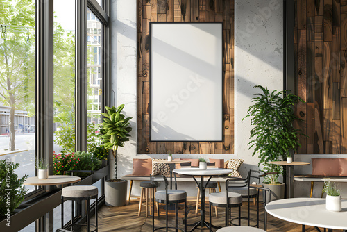 Close up of a vertical framed poster on a cafe wall. Large windows  white and wooden walls and round tables with sofas and stools. 3d rendering mock up. Generative Ai.
