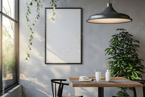 Close up of a vertical framed poster on a cafe wall. mock up. Generative Ai.