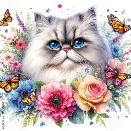 A cat with butterflies and flowers photo harmony lively has illustrative meaning illustrator.
