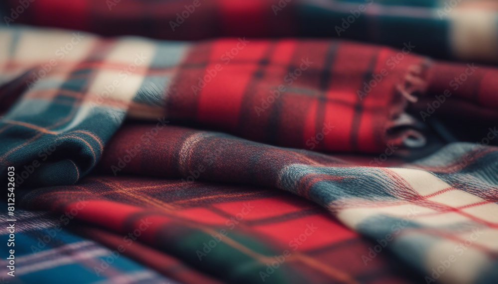 artan Scarfs in a Stack, luxury cashmere textured fabric with plaid pattern in stacking background
