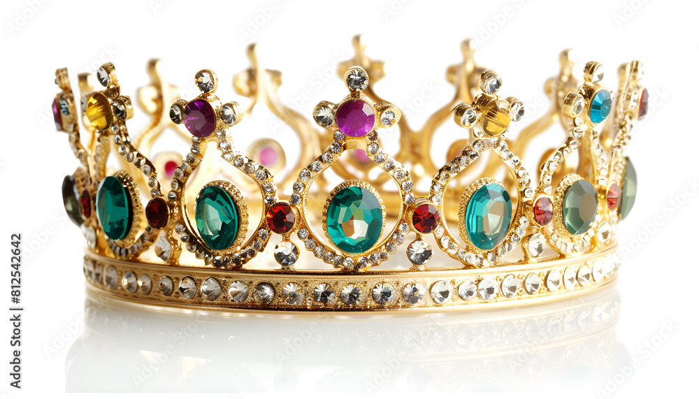 Beautiful gold crown with gems isolated on white Beautiful gold crown with gems isolated on white