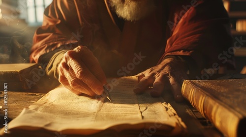 A photo of an ancient scholar writing in a book with a quill pen. photo