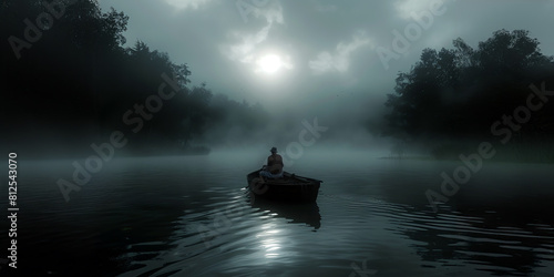 A lonely man sitting in a boat in the middle of a lake at night, watching the Moon. Overcast, foggy wheather.