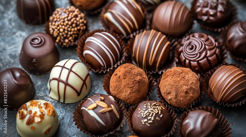A chocolate-laden blue table, adorned with brown and white treats A chocolate-laden blue table, adorned with brown and white treats