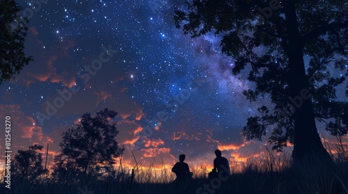 Peaceful scene of people stargazing under a clear night sky