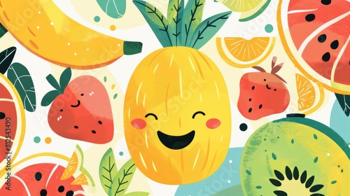 Playful summer fruit poster featuring whimsical illustrations and playful typography