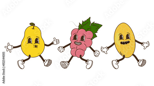 Fruits and berries in groovy style set. Pear melon and grapes. Characters trendy retro, comic mascot. Design banner poster. Y2k Hippie 70s, 80s. Vector illustration.