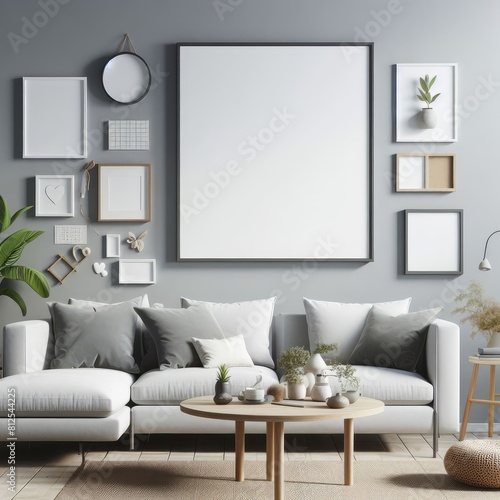 A living room with a template mockup poster empty white and with a couch and a coffee table lively card design.
