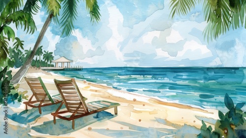 Serene watercolor illustration evoking the tranquility of a beach holiday retreat