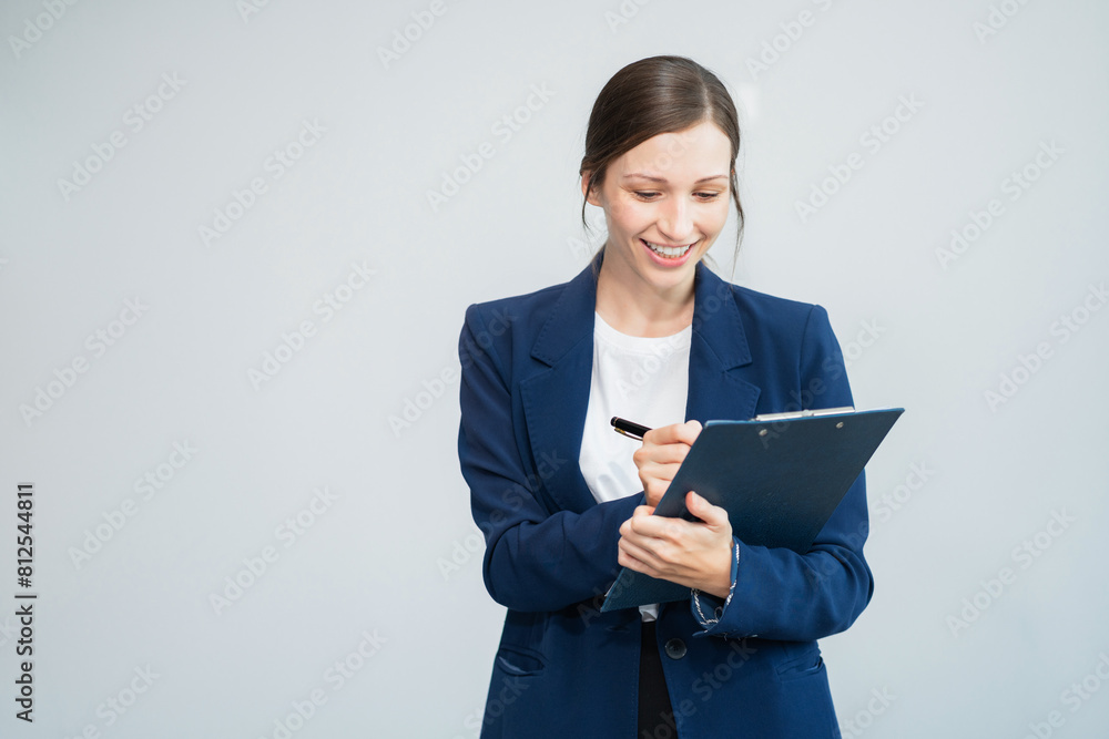 businesswoman holding tablet, isolated on white background.