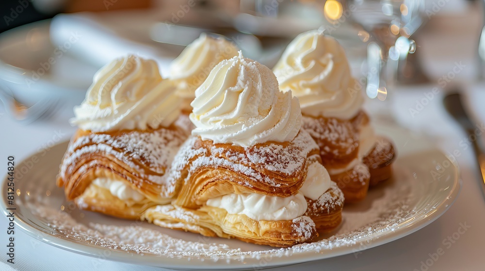 Sweet pastries with delicate vanilla cream inside and fluffy white whipped cream on top, resting on a white plate. Sweet pastries with delicate vanilla cream inside and fluffy white whipped cream on top, resting on a white plate.
