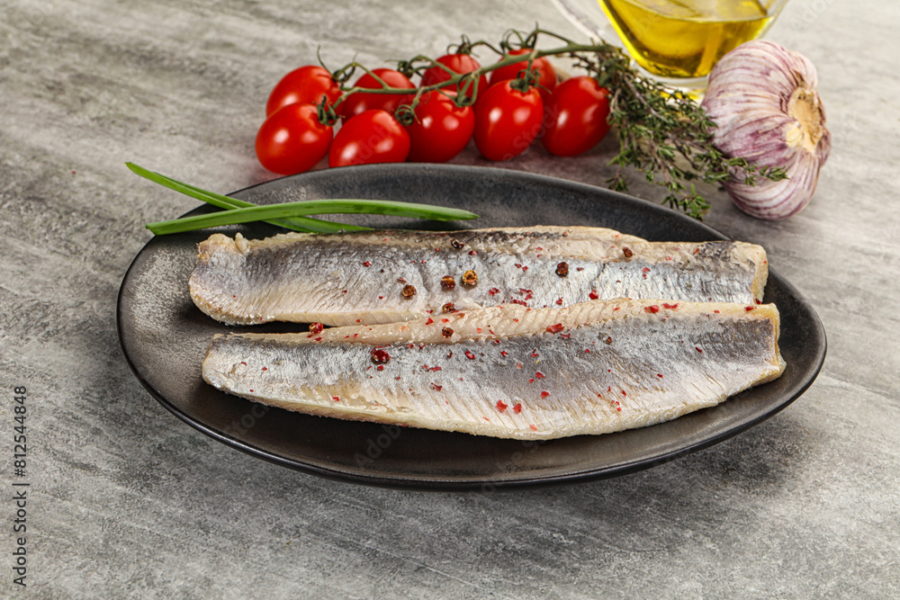 Marinated herring fillet with green onion Marinated herring fillet with green onion