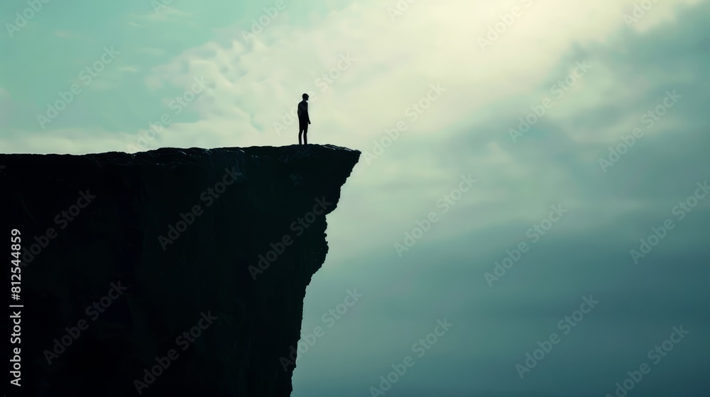 Silhouette of a person standing at the edge of a cliff, contemplating the vastness of creation Silhouette of a person standing at the edge of a cliff, contemplating the vastness of creation