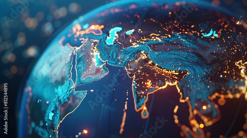 Digital world globe centered on asia and europe  concept of global network and connectivity on Earth  data transfer and cyber technology  information exchange and international telecommunication 