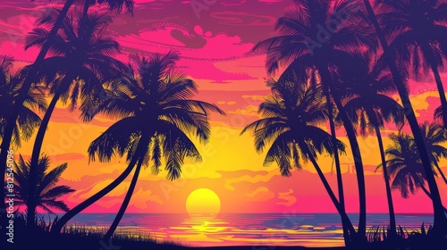 Silhouetted palm trees against the colorful hues of a beach holiday sunset