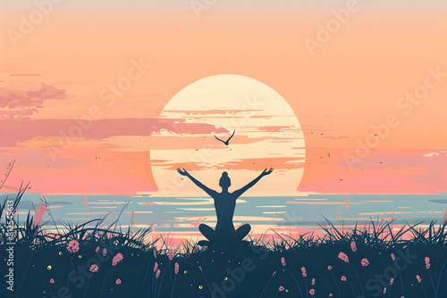 Woman meditating at the nature, flat style illustration 
