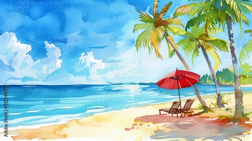 Sunny watercolor illustration showcasing the warmth and sunshine of a beach holiday