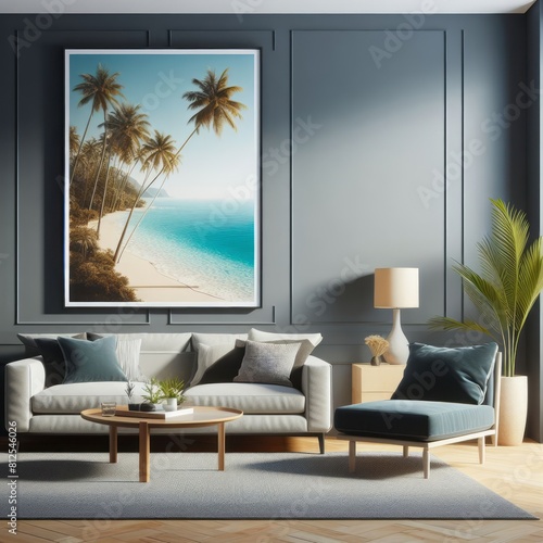 A living room with a template mockup poster empty white and with a couch and a picture on the wall image photo harmony used for printing.