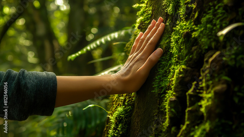 Hand of woman gently touching tree bark covered in green lush moss in rainforest