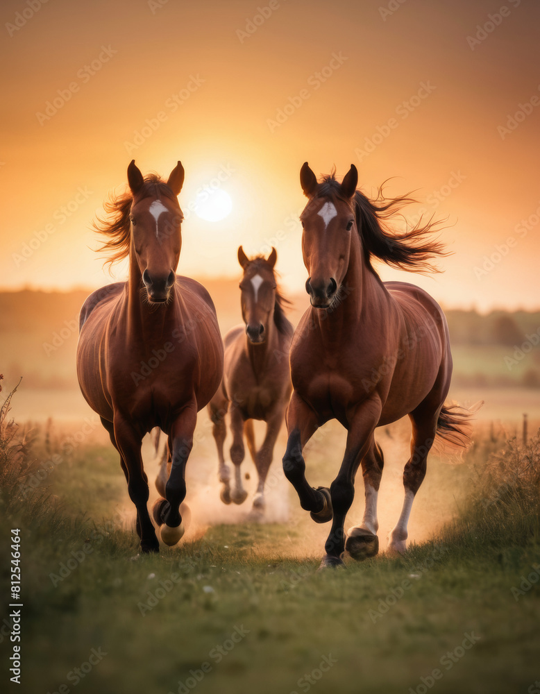 Horses running in idyllic pasture at sunset Horses running in idyllic pasture at sunset